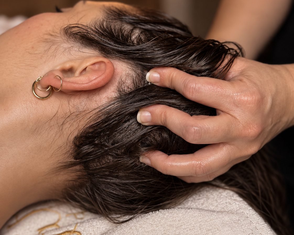 Deux mains posées sur la tête d'une cliente allongée, pendant un massage crânien